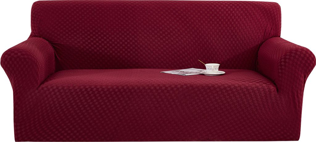 Topchances Stretch Sofabezug Elastische Jacquard Sofahusse mit Armlehnen für 4-Sitzer Couch, Weinrot