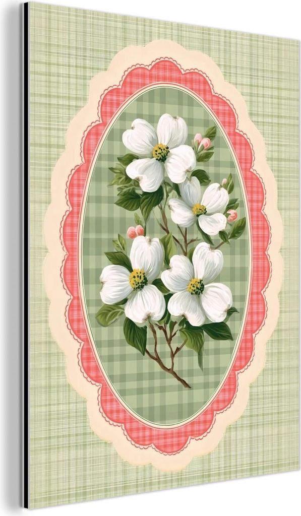 MuchoWow Wanddekoration Metall Metallbild Wandkunst 60x80 cm Blumen - Illustration - Kariert - Grün MuchoWow Aluminium Gemälde - Wanddekoration M...