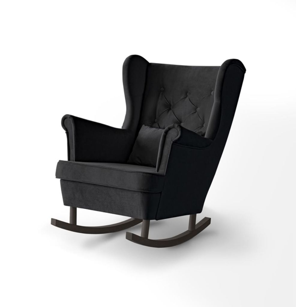 Schaukelsessel Fabio mit Holzbeine, Ohrensessel aus Velours, Polstersessel mit Wellenfedern (Stoff: kronos 07 - schwarz, Beinefarbe: Wenge)
