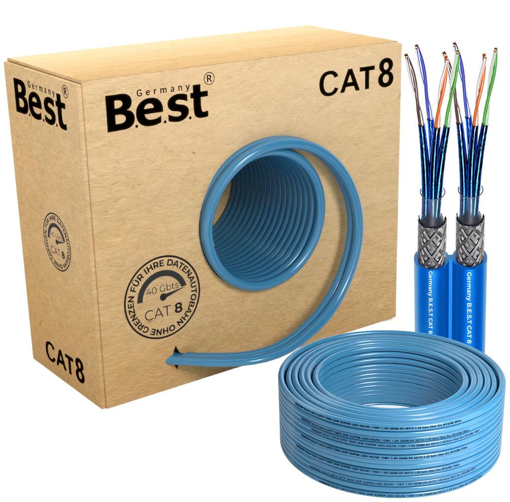 50 m CAT 8.1 Duplex Netzwerkkabel mit Verpackung und Kabelaufbau