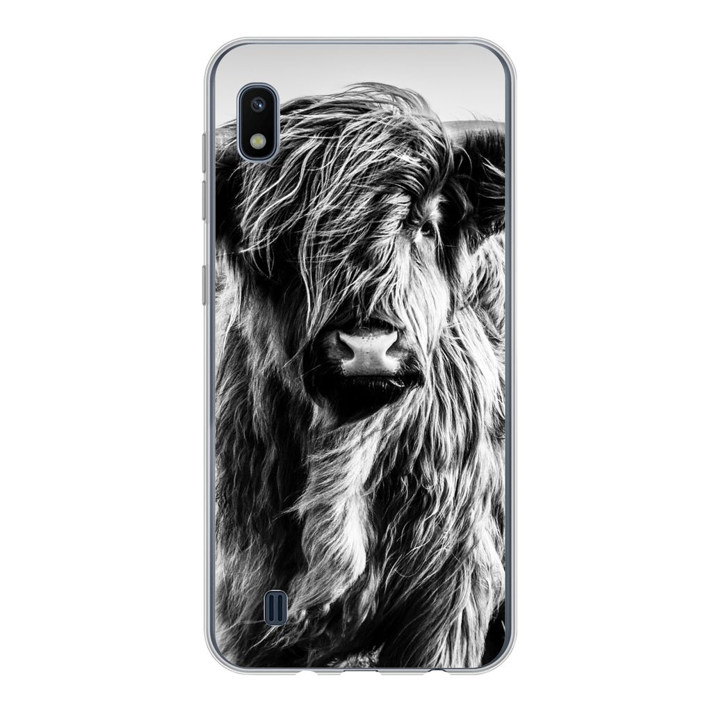 MuchoWow Handyhülle Schutzhülle Hülle für Samsung Galaxy A10 Schottischer Highlander - Natur - Kuh - Schwarz - Weiß Silikon Softcase Handy H...