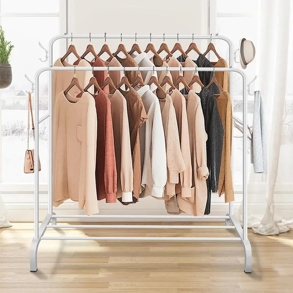Porte-manteau autoportant blanc en métal avec double tringle robuste