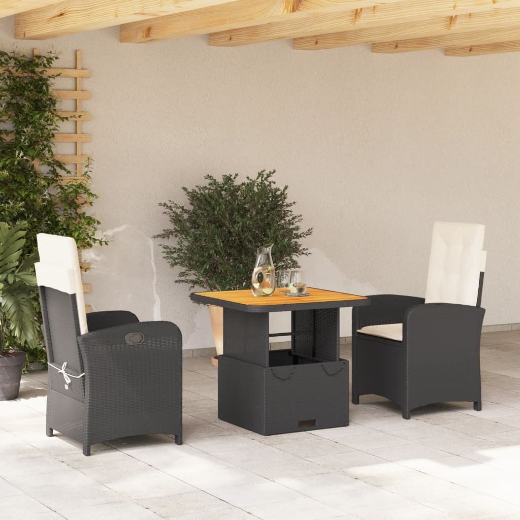 "Rabatt" 3-tlg. Garten-Essgruppe - mit tishe & Stuhl - mit Kissen Schwarz Poly Rattan - Lounge-Dining set CC10789