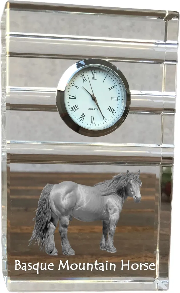 Horloge silencieuse photo cheval basque en cristal pour bureau calme