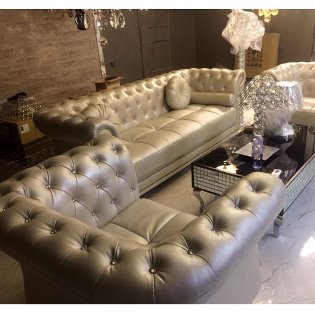 Design Chesterfield Sofagarnitur 3+2+1 Couchtisch Leder Silber Couch Polster Neu