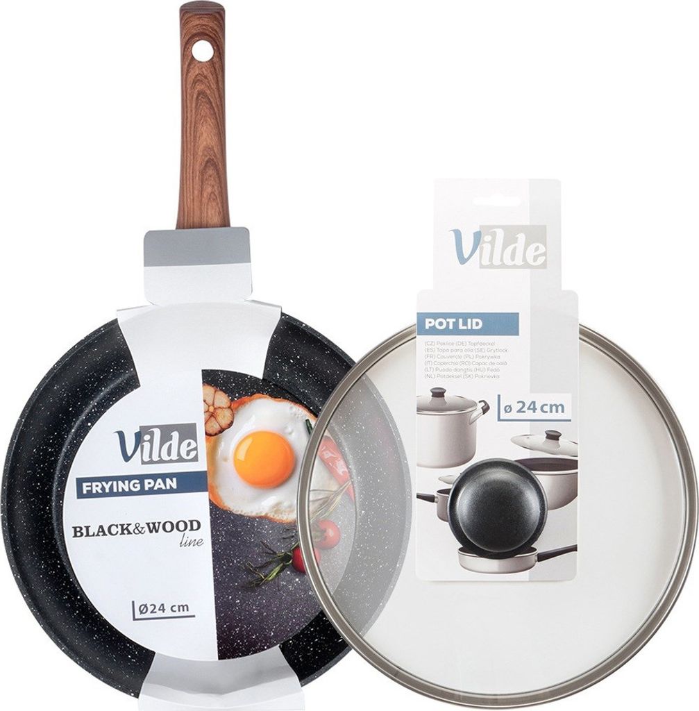 A frying pan and a pot lid are shown, both in their packaging.