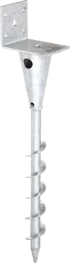 A single galvanized steel screw anchor with an L-shaped bracket on top, isolated on a white background.