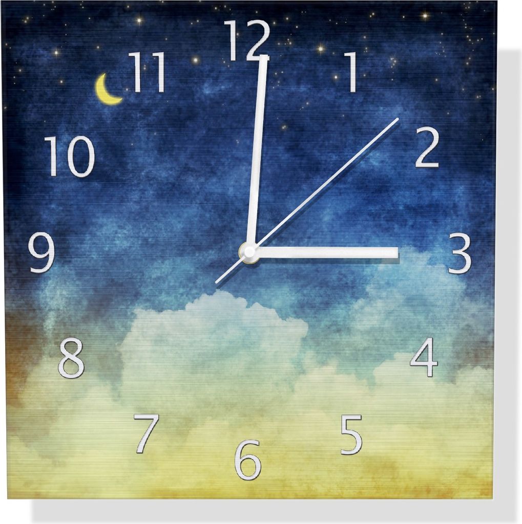 Wallario Design Wanduhr Wolkenhimmel mit Mond und Sternen aus Aluverbund, Größe 30 x 30 cm