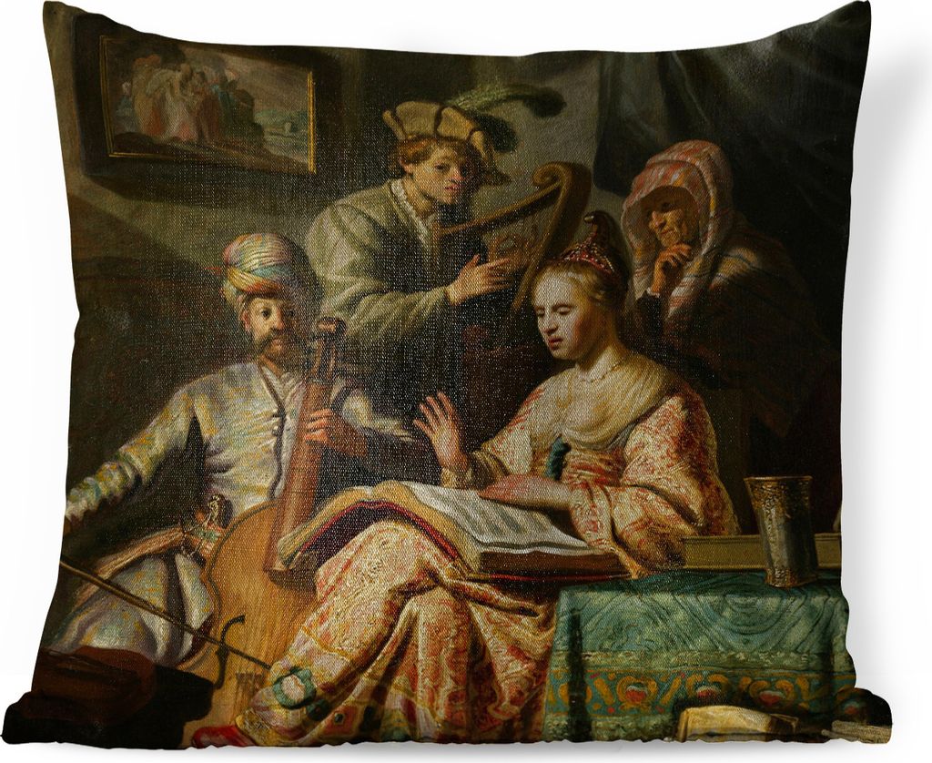 MuchoWow Zierkissen Sofakissen Wohnzimmer Dekokissen 50x50 cm Die Gesellschaft des Musikers - Rembrandt van Rijn - Komfort - Sofakissen