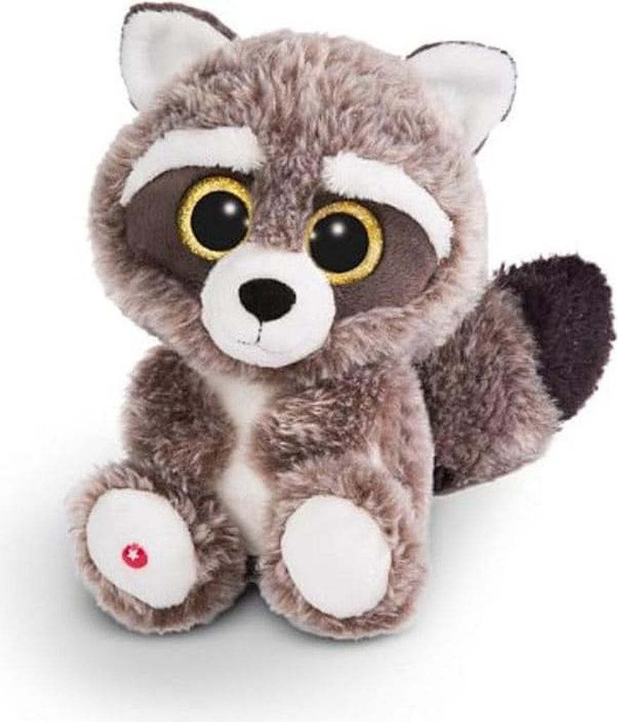 A plush raccoon toy is sitting on a white background.