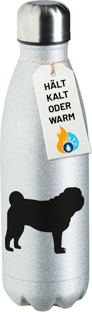Huuraa Trinkflasche Mops Silhouette 500ml Silver Edelstahl Wasserflasche Trinkflasche Geschenkidee