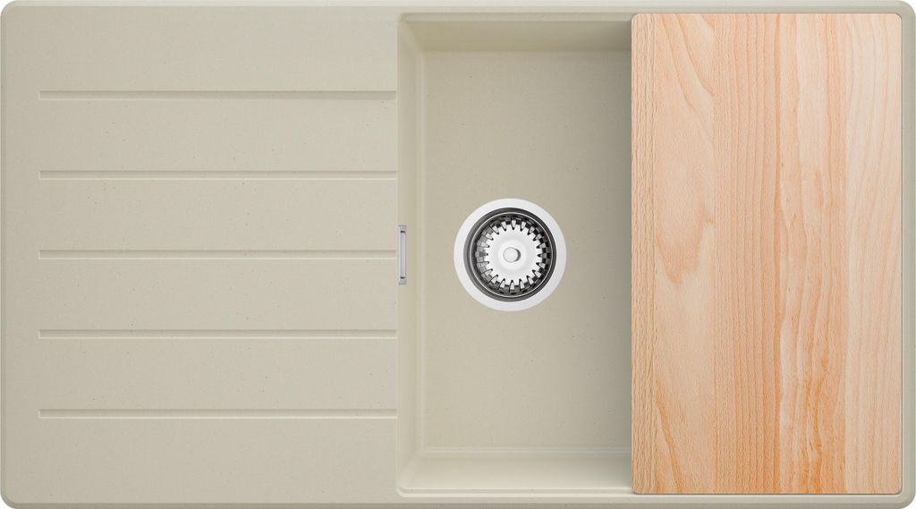 PRIMAGRAN Spülbecken Beige 90x50cm, Granitspüle 1 Becken + Ablauf-Set + Schneidebrett, Küchenspüle ab 60er Unterschrank - Kopenhagen