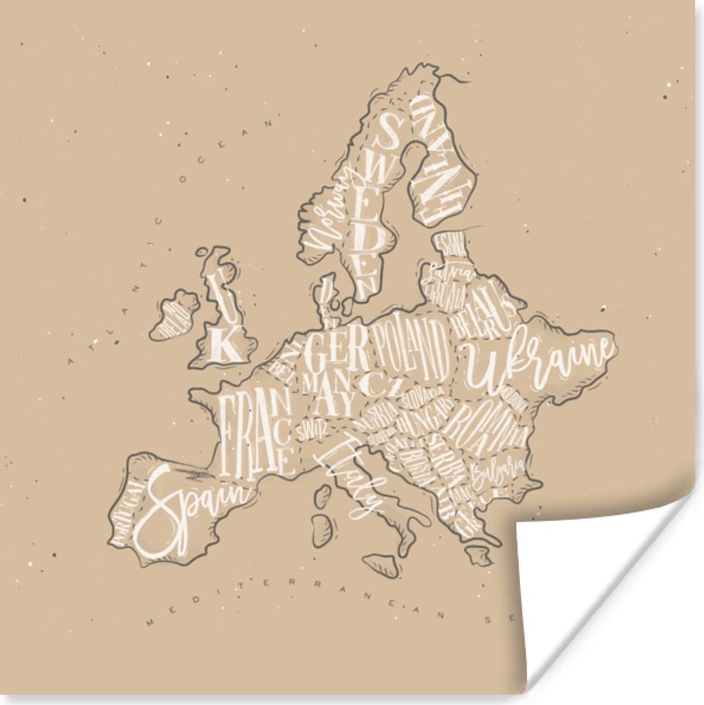 MuchoWow Poster Karte - Europa - Weiß - Braun 100x100 cm - Babyzimmer