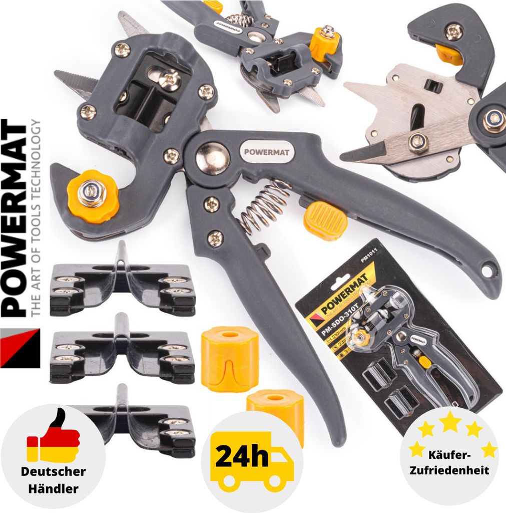 A collage of grafting tools and accessories for gardening.