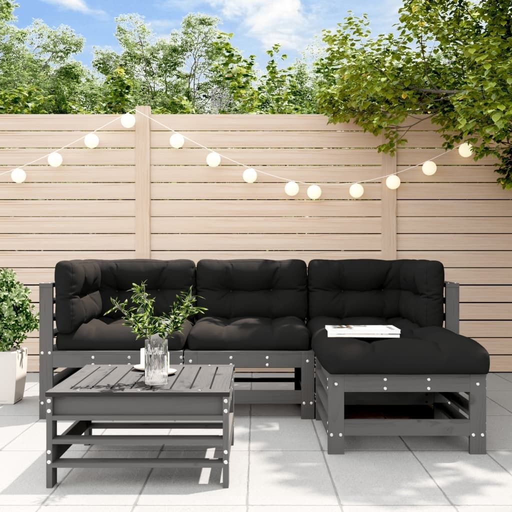 The Living Store 5-tlg. Garten-Lounge-Set mit Kissen Grau Massivholz