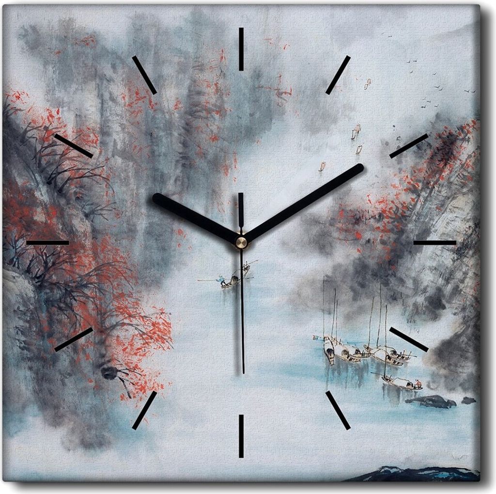 Coloray Uhr auf Leinwand 30x30 cm Wand Uhr Dekoration Wohnzimmer Segeltuch schwarze Hände -Berge China Landschaft.