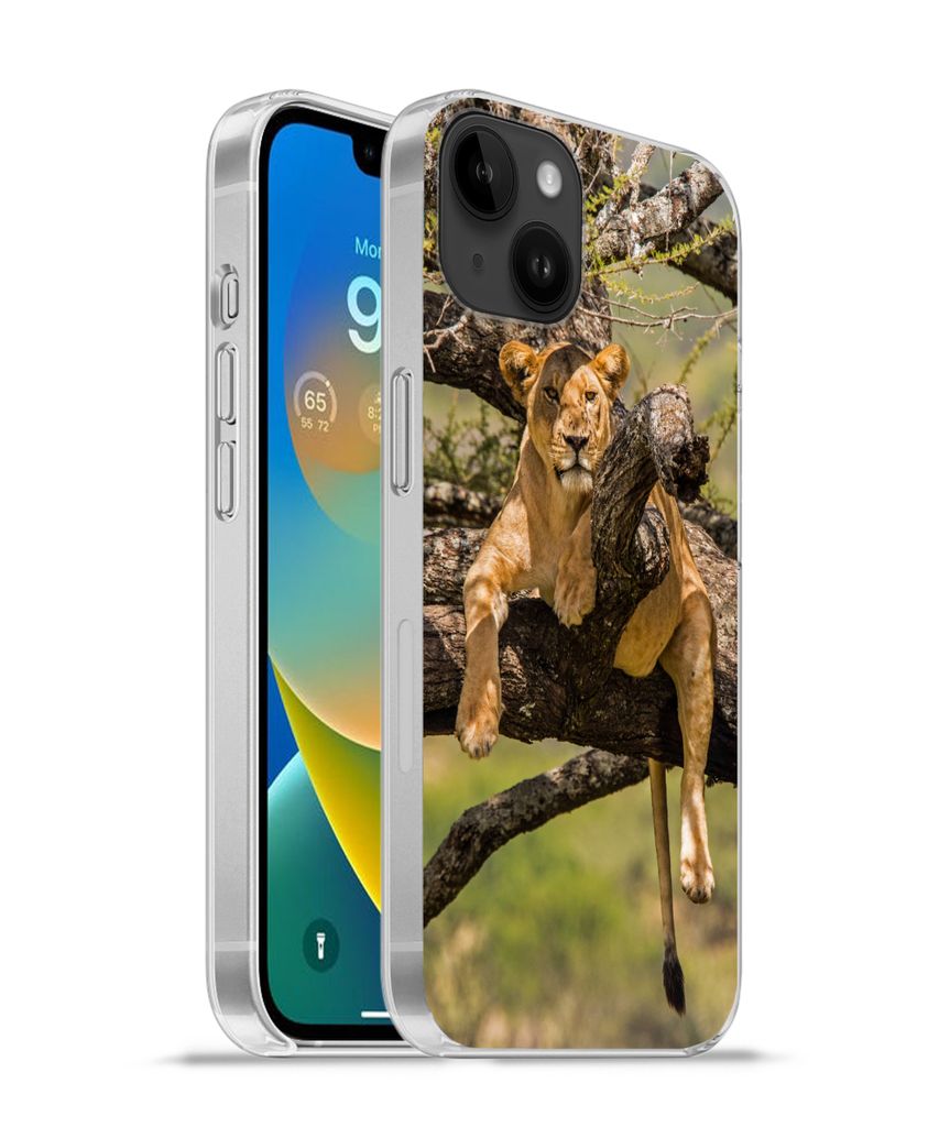 MuchoWow Handyhülle Schutzhülle Hülle für Apple iPhone 14 Plus - Soft case Löwe - Baum - Braun Silikon Softcase Handy Hülle - Abbildung