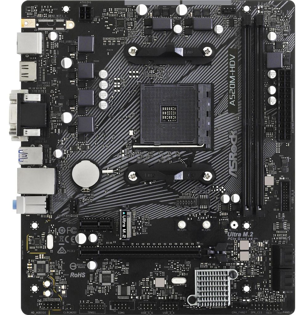 Asrock A520M-HDV, AMD, Sockel AM4, AMD Ryzen 3000 Series, Produktbild 