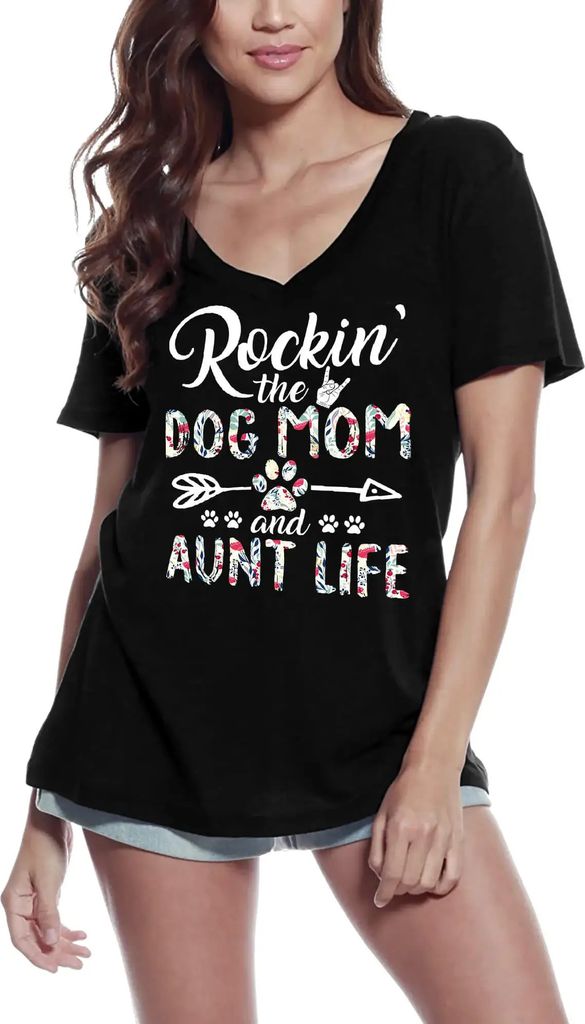 Damen Grafik T-Shirt V-Ausschnitt Rockin the dog mom and aunt life - Hundepfoten – Rockin The Dog Mom And Aunt Life - Dog Paws – Öko-Verantwor...