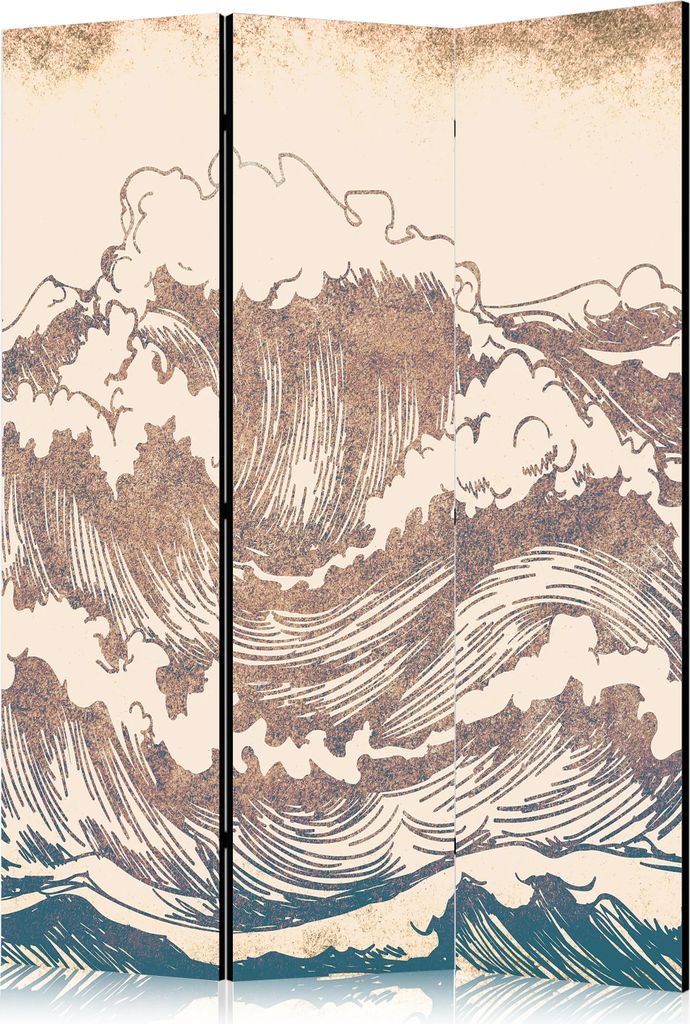 3-teiliger Einseitiger Vlies Paravent - Stormy Ocean - High Waves in Brown and Navy Colors on a Beige Background in Vintage Style 135x172 cm Landsc...