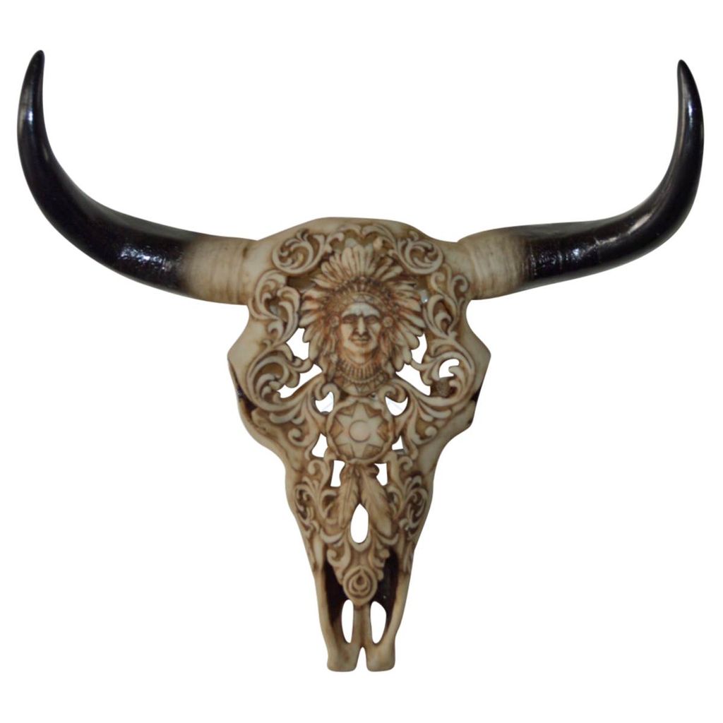Stierschädel mit Indianischen Motiven verziert geschnitzt, hohl