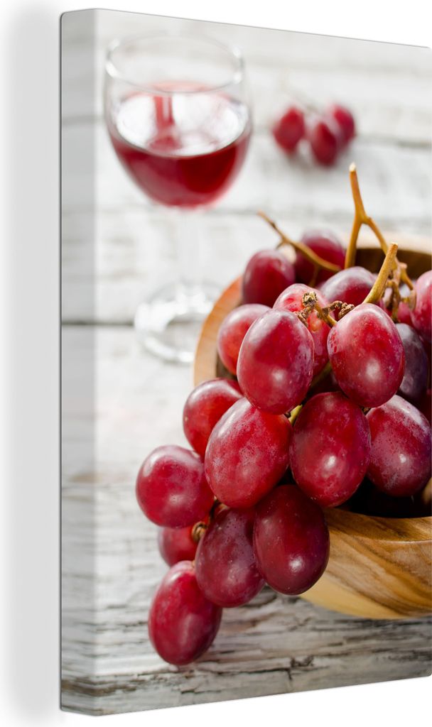 OneMillionCanvasses - Leinwandbilder - 90x140 cm, Rote Weintrauben in einer Schale neben einem Glas Rotwein, Wandbilder Kunstdruck Wanddekoration...