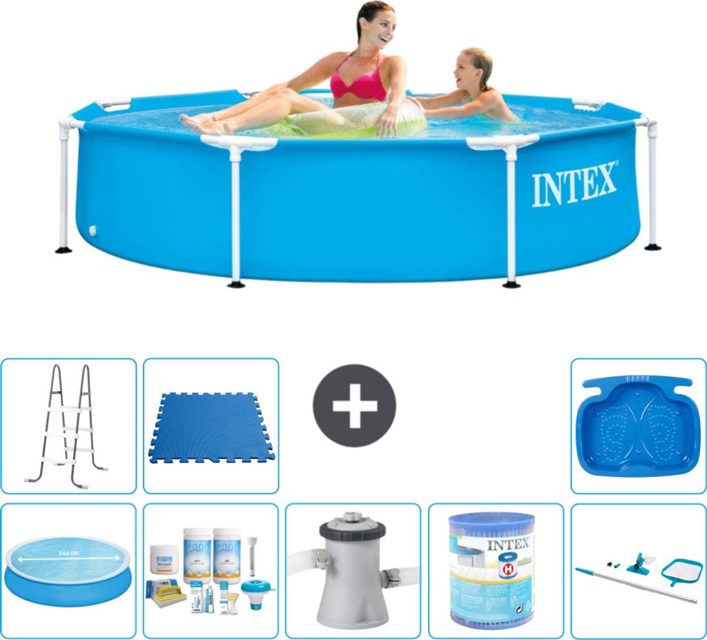 Intex-Schwimmbecken mit rundem Rahmen – 244 x 51 cm – Blau – im Lieferumfang enthalten Sonnensegel - Wartungspaket - Filterpumpe für Schwimm...
