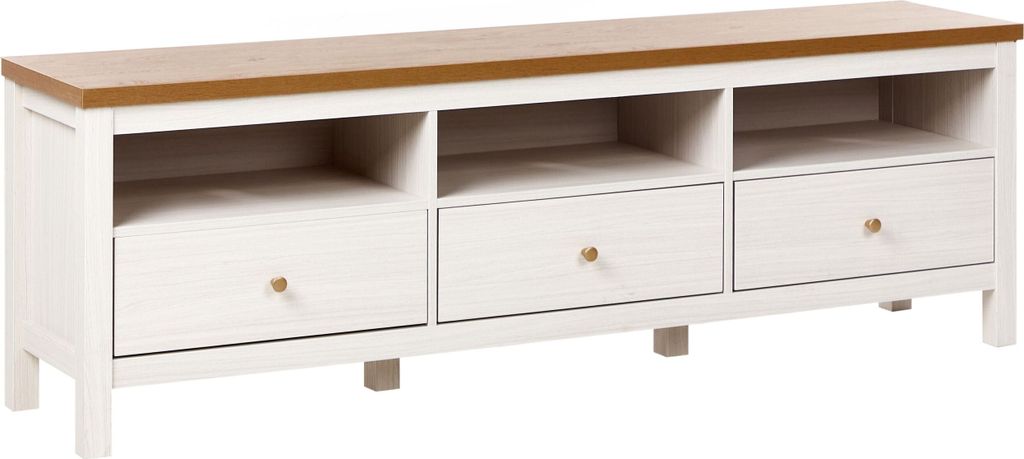 BELIANI TV Schrank Weiß / Braun Spanplatte 3 Schubladen Aufbewahrung Wohnzimmermöbel TV Möbel
