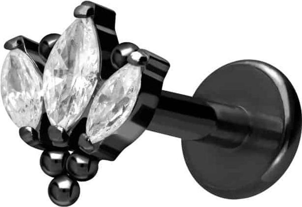 Ohrpiercing, Nasenpiercing Titan Labret mit Innengewinde LOTUSBLÜTE + KUGELN Schwarz Stablänge: 6mm | Stabstärke: 1,6mm