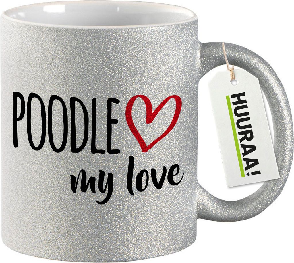 Huuraa Glitzertasse Poodle my love 330ml Silber Keramik Kaffeebecher Geschenkidee