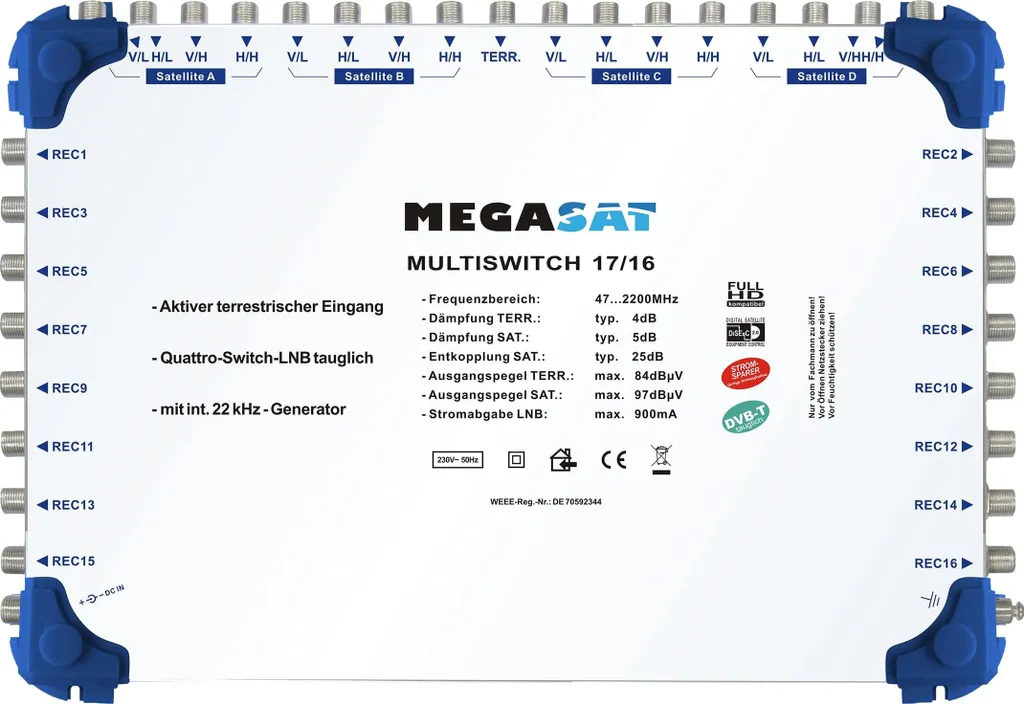 Multiswitch MEGASAT 17/16 0600155 pour 4 satellites et 16 participants