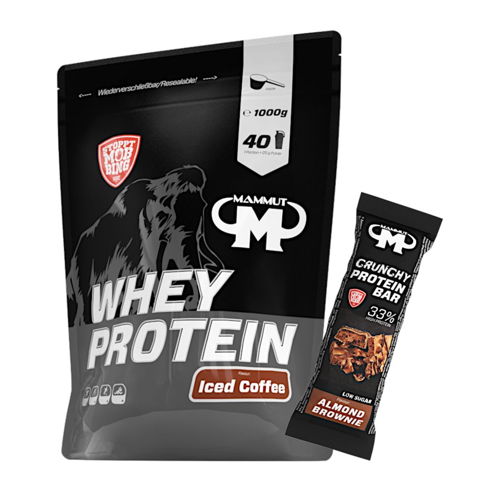 Mammut Nutrition - Whey Protein 1000 g Beutel - 40 Portionen Eiweiß + GRATIS Protein Bar (Almond Brownie), Geschmack: Iced Coffee