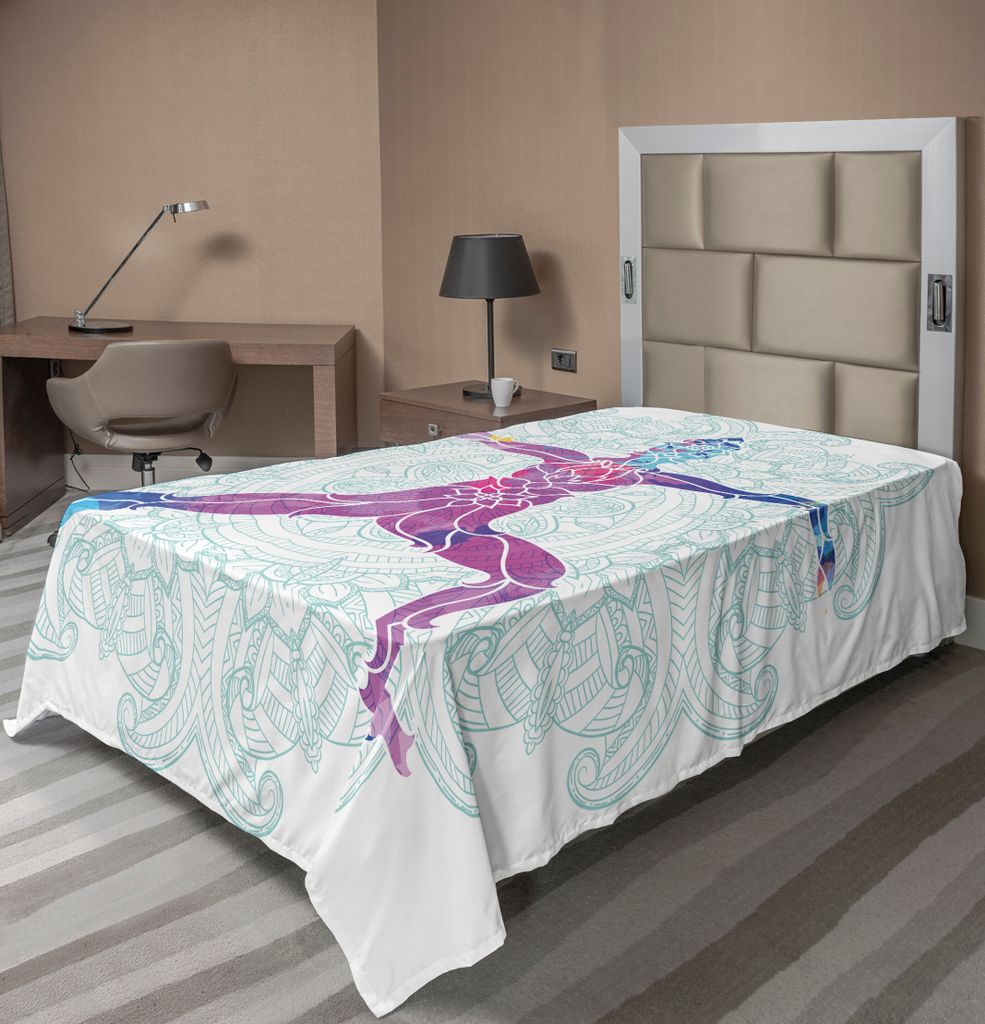 ABAKUHAUS Chakra Bettlaken, Mädchen auf Yoga-Krieger-Haltung mit Lotus Flower Petal Lines und Formen Boho Kunstdruck, weiches bequemes oberes Bett...