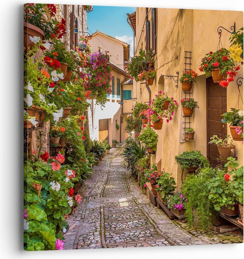Bild auf Leinwand - Leinwandbild - Path Blumen Haus Hof - 40x40cm - Wand Bild - Wanddeko - Leinwanddruck - Bilder - Kunstdruck - Wanddekoration - L...
