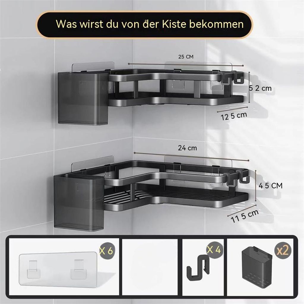 MEIJO Duschablage Ohne Bohren – 2 Stück, 40 X 13 Cm, Schwarz – Selbstklebend, Rostfrei & Mit 4 Haken – Für Bad & Küche