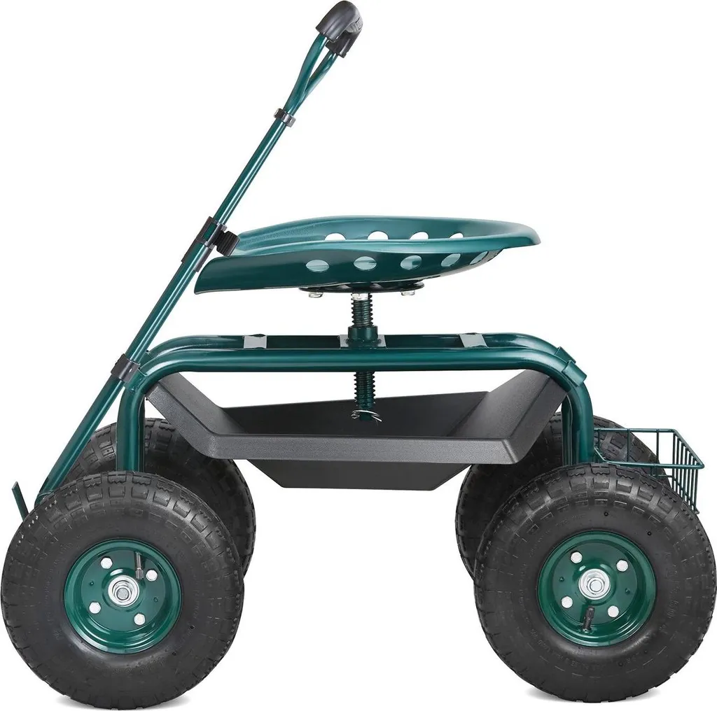 Tabouret de jardinage ergonomique sur roues avec guidon et bac vert