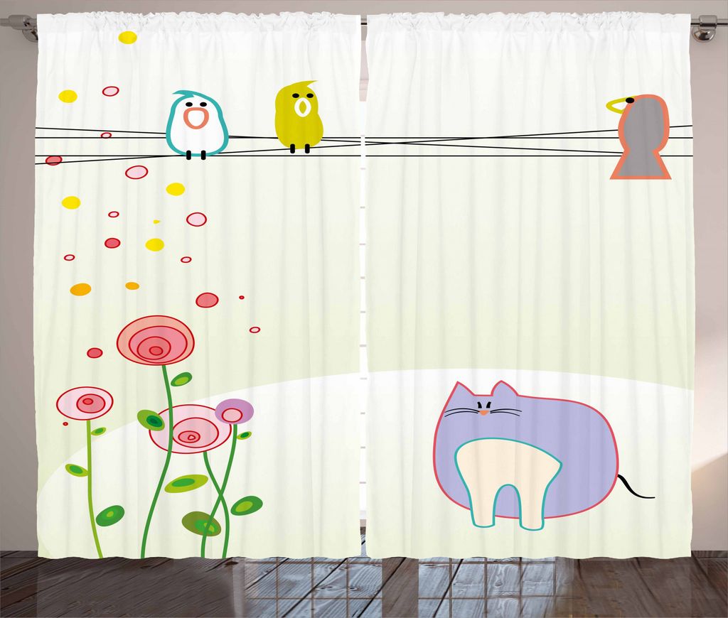 ABAKUHAUS Kleinkind Rustikaler Vorhang, Vogel Katze Blumen, Wohnzimmer Universalband Gardinen mit Schlaufen und Haken, 280 x 245 cm, Mehrfarbig