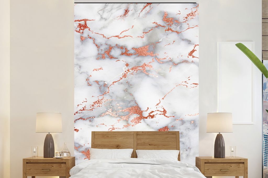 MuchoWow Fototapete für Wohnzimmer oder Schlafzimmer Wandtapete Vinyl Motivtapete Marmor - Weiß - Rot - 180x280 cm - Wallpaper