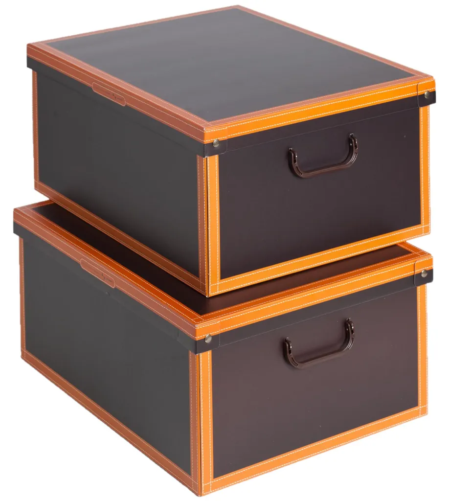 Lot de 2 boîtes de rangement en cuir marron taille XL avec couvercle