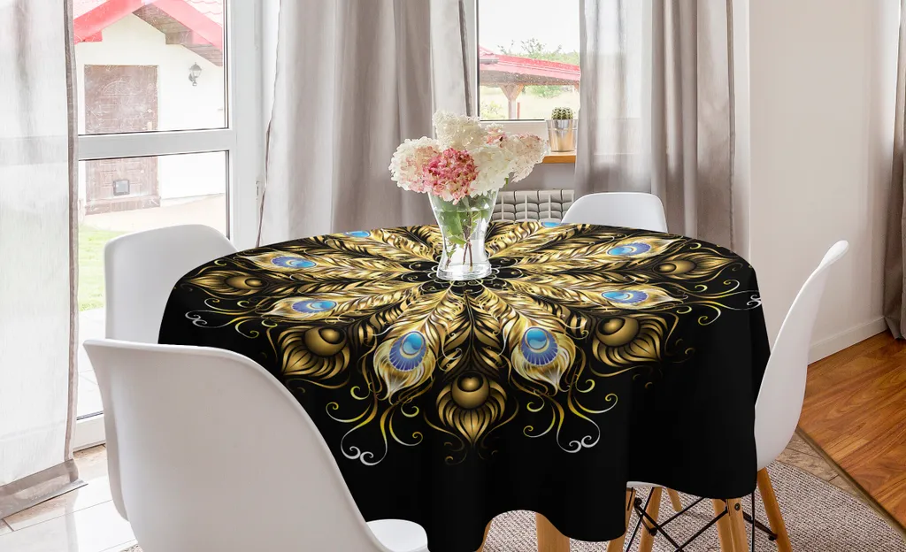 Tovaglia Rotonda Mandala ABAKUHAUS 150cm | Piume di Pavone Grigio Senape