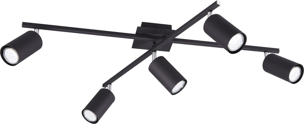 A black ceiling light fixture with five adjustable spotlights is shown against a white background.