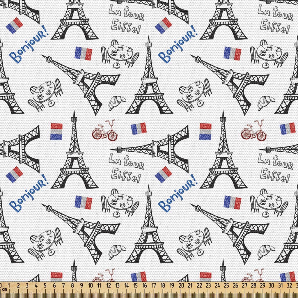 ABAKUHAUS Eiffel Gewebe als Meterware, Nettes Gekritzel des Türme-französischen Flaggen-Bonjour-La-Tour Eiffel-Café-Hörnchen-Fahrrades, 2 M (14...