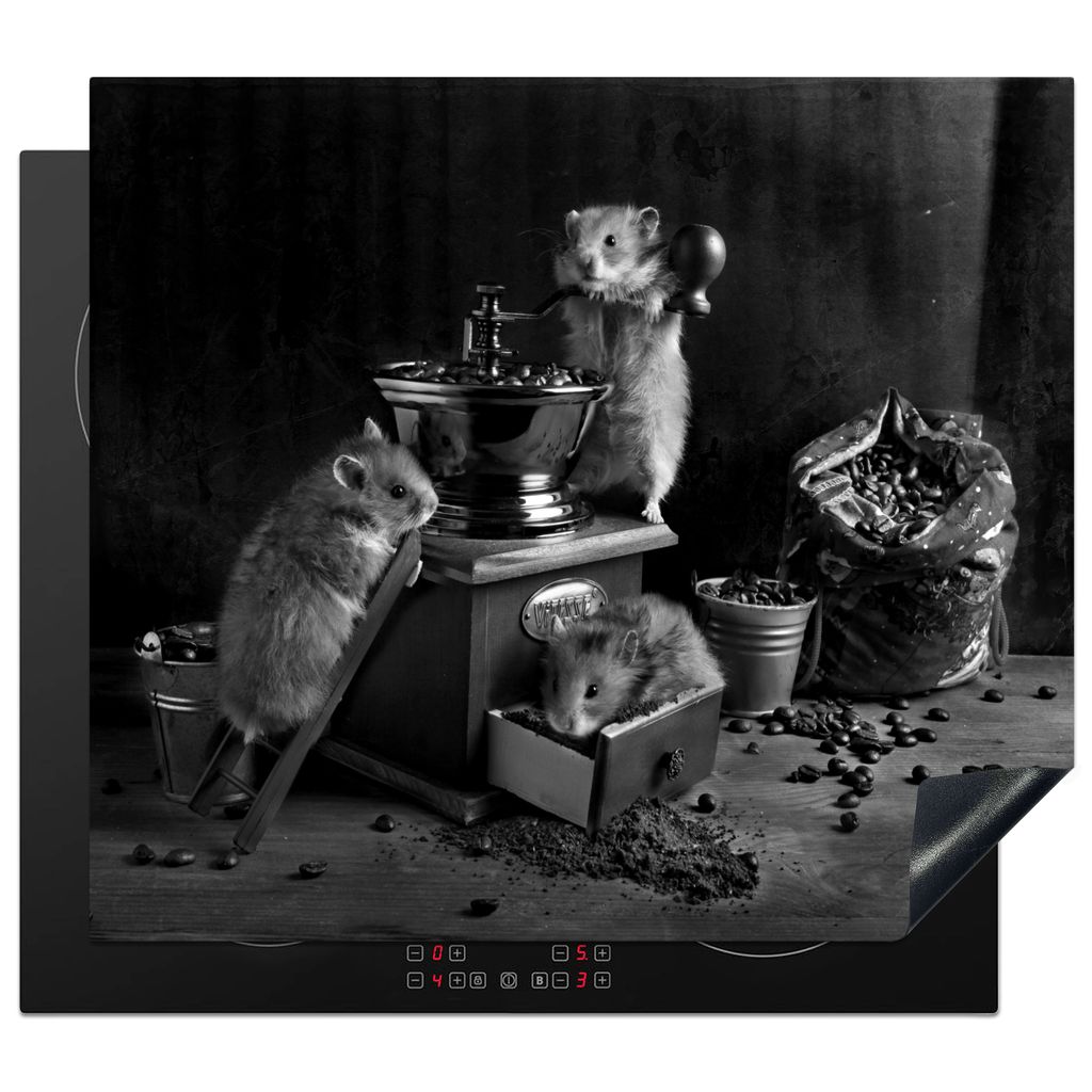 KitchenYeah Herdabdeckplatte Stilleben von Hamstern beim Kaffeekochen - schwarz und weiß , 60x52cm, Küche Deko, Glaskeramikkochfeld Herdabdecku...