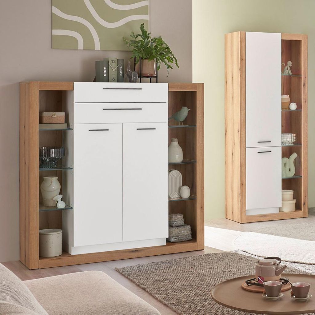 Wohnzimmer-Set mit Vitrinenschrank & Highboard in Eiche mit weiß matt, modern, 2 teilig BELLAGIO-61