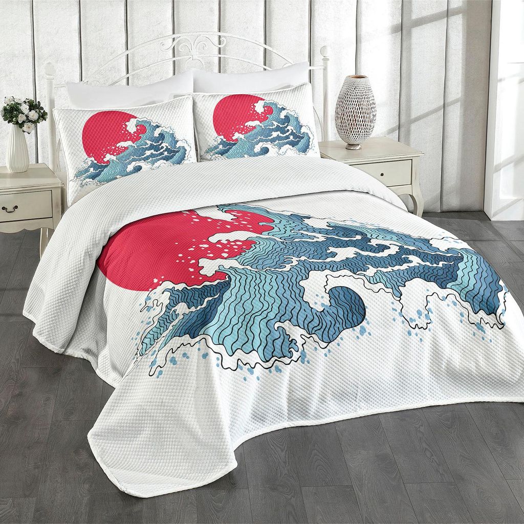 ABAKUHAUS japanisch Tagesdecke Set, Die große Wellen-Illustration mit Ozean- und Sun-Thema-orientalischem Druck, 220 x 220 cm, Dunkler Coral Weiß