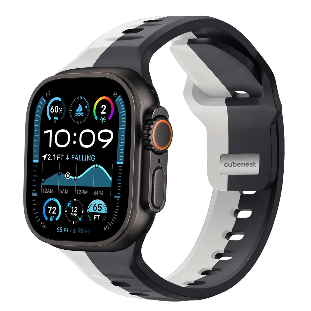 Cubenest Premium Sportarmband für Apple Watch 1, 2, 3, 4, 5, 6, 7, 8, 9, 10, SE, Ultra (2) - 44/45/46/49 mm - schwarz-grau