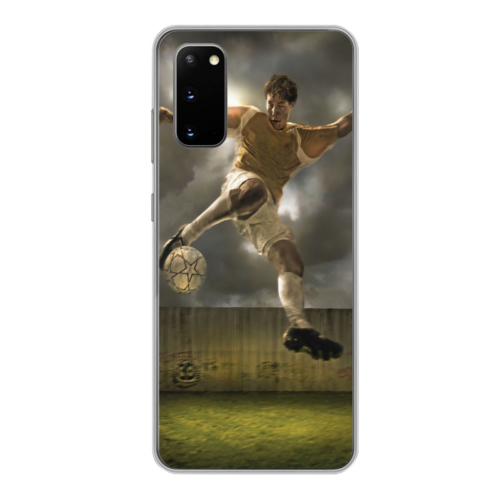 MuchoWow Handyhülle Schutzhülle Hülle für Samsung Galaxy S20 Eine Illustration eines Fußballspielers, der den Ball schießt - Jungen - Kinde...