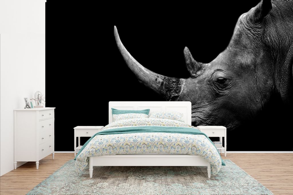 MuchoWow Fototapete für Wohnzimmer oder Schlafzimmer Wandtapete Vinyl Motivtapete Nashorn - Tiere - Schwarz - Weiß - Porträt - 435x260 cm - Ki...