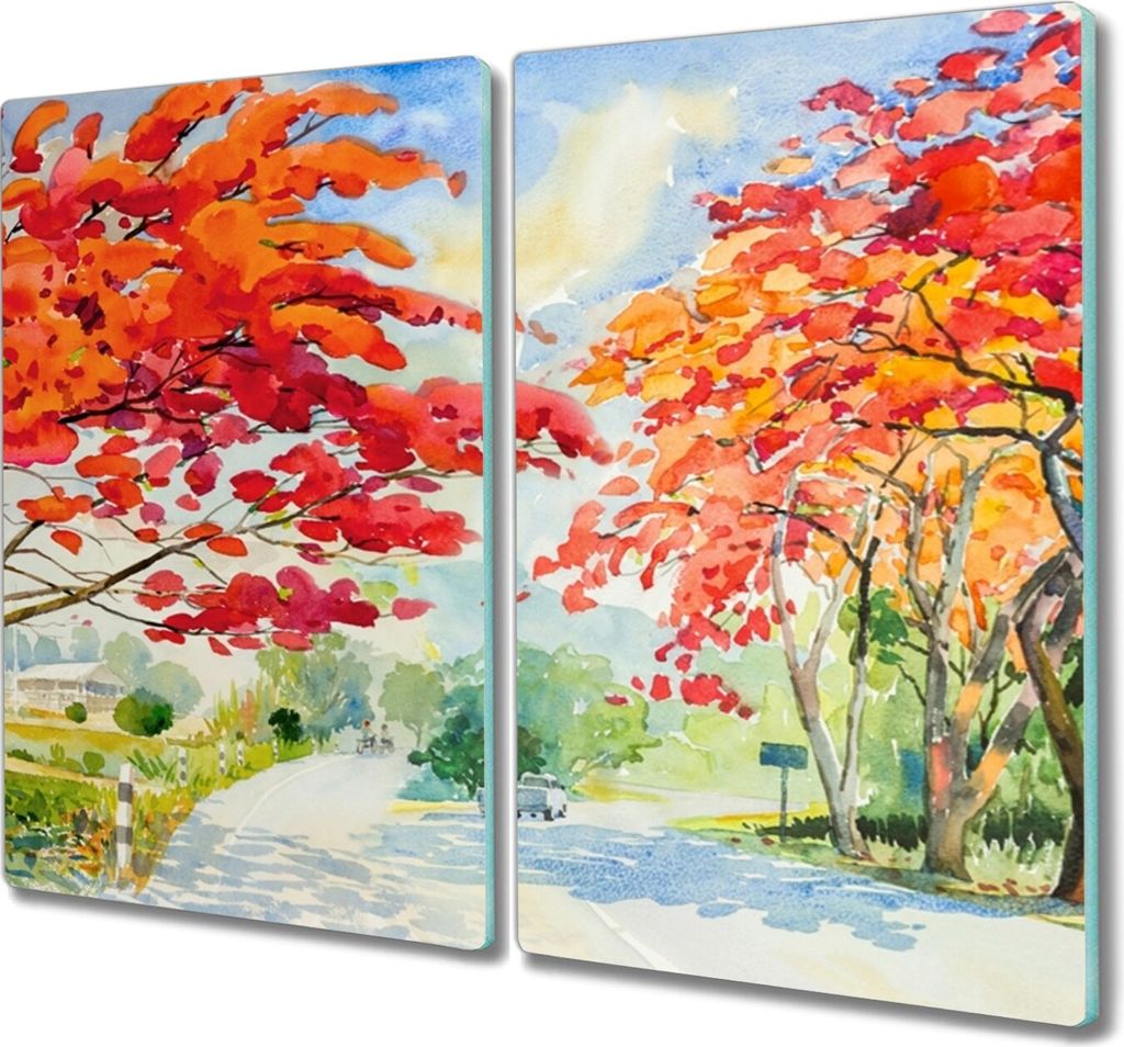Coloray Schneidebrett Herdabdeckplatte 2x30x52 cm Kochplattenabdeckung Küchenbrett Hackbrett - Bäume Himmel Blumen Straße