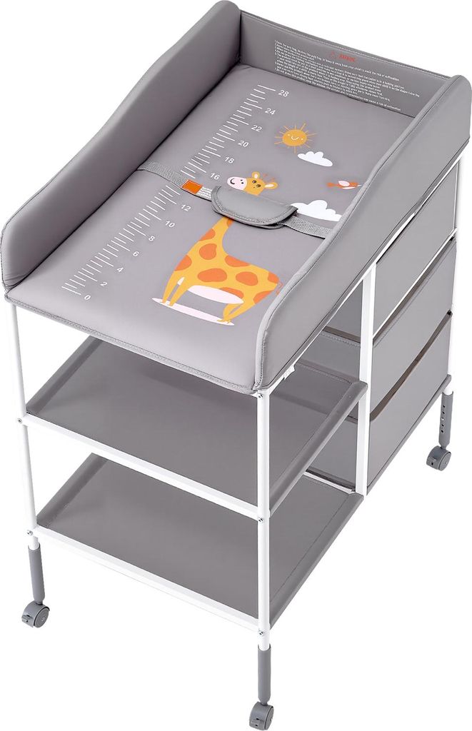 SucceBuy Tragbarer Wickeltisch mit höhenverstellbarer Funktion, 3 Stoffschubladen und feststellbaren Rädern, multifunktionale Baby-Wickelstation ...